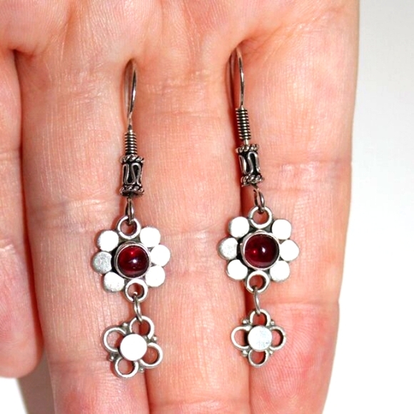 Sterling Silver Garnet Daisy Earrings - Picture 4 of 4